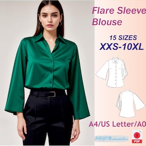 May include: A green flare sleeve blouse sewing pattern in 15 sizes from XXS to 10XL. The pattern is available in A4, US Letter, and A0 sizes. The pattern is for a button-up blouse with a collar and long sleeves.