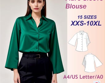 フレアスリーブブラウスの縫製パターン：リラックスフィット（XXS-10XL）（PDFパターン）