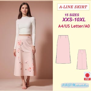 May include: An A-line skirt sewing pattern in pink with a floral print. The pattern is available in 15 sizes, from XXS to 10XL, and comes in A4, US Letter, and A0 formats. The pattern is available as a PDF download. The text "SB@Modeatelier" is also visible in the image.