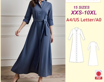 Patrón de costura para vestido camisero largo: tallas grandes XXS