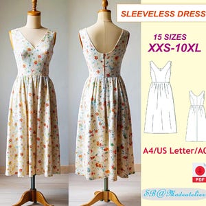May include: Sleeveless dress sewing pattern in 15 sizes, from XXS to 10XL. The pattern is shown on a white dress with a floral print. The pattern is available in A4, US Letter, and A0 sizes. The pattern is a PDF download. The text "SB@Modeatelier" is also visible.