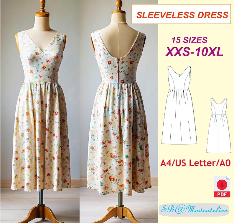May include: Sleeveless dress sewing pattern in 15 sizes, from XXS to 10XL. The pattern is shown on a white dress with a floral print. The pattern is available in A4, US Letter, and A0 sizes. The pattern is a PDF download. The text "SB@Modeatelier" is also visible.