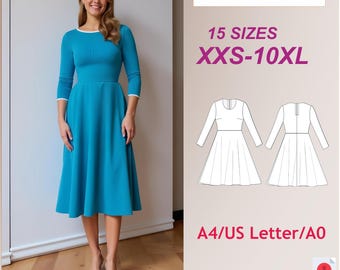 Long Sleeve Knit Flared Dress Sewing Pattern: Plus Size (PDF)