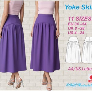 Puede incluir: Dos modelos muestran una falda con canesú morada. La falda tiene una cintura alta y un diseño fluido y plisado. La imagen incluye una tabla de tallas con tallas de la UE, Reino Unido y EE. UU., junto con el texto "Yoke Skirt".