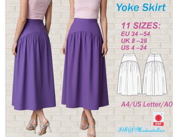 Yoke Skirt Sewing Pattern/Boho Skirt Pattern/Maxi Drop Waist Skirt Pattern/Vintage Skirt Pattern/Gathered Skirt with Yoke/Plus Size Skirt