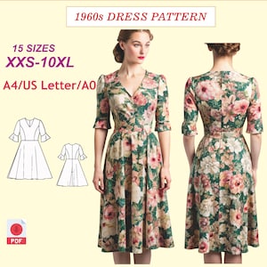 Könnte beinhalten: Ein digitales Schnittmuster für ein Kleid im Stil der 1960er Jahre. Das Schnittmuster ist in 15 Größen von XXS bis 10XL erhältlich. Das Schnittmuster kann auf A4-, US Letter- oder A0-Papier gedruckt werden. Das Schnittmuster enthält eine Vorder- und Rückansicht des Kleides.
