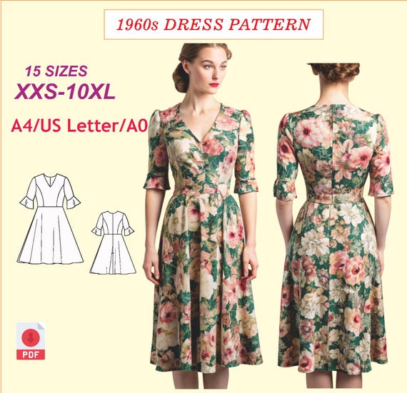 1960s Flared Dress Pattern: Cottagecore Vintage Style (XXS-10XL) (PDF Pattern)