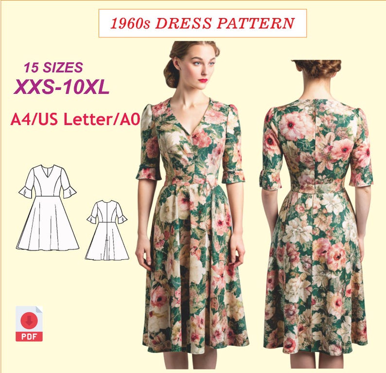 K&ouml;nnte beinhalten: Ein digitales Schnittmuster f&uuml;r ein Kleid im Stil der 1960er Jahre. Das Schnittmuster ist in 15 Gr&ouml;&szlig;en von XXS bis 10XL erh&auml;ltlich. Das Schnittmuster kann auf A4-, US Letter- oder A0-Papier gedruckt werden. Das Schnittmuster enth&auml;lt eine Vorder- und R&uuml;ckansicht des Kleides.