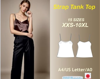 Op de afbeelding: Een digitaal downloadpatroon voor een tanktop met bandjes in 15 maten, van XXS tot 10XL. Het patroon is beschikbaar in de formaten A4, US Letter en A0. De afbeelding toont een vrouw die een bruin satijnen tanktop en een zwarte broek draagt.