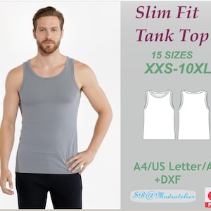 Könnte beinhalten: Ein graues, schmal geschnittenes Tanktop. Das Bild enthält den Text "Slim Fit Tank Top" und "15 GRÖSSEN XXS-10XL". Ebenfalls enthalten sind eine Zeichnung des Tanktops und der Text "A4/US Letter/A0 +DXF".
