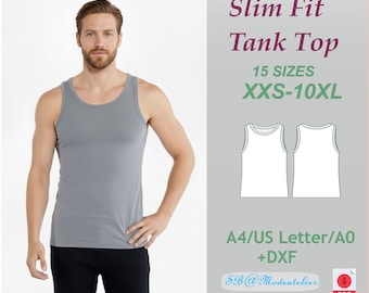May include: A grey slim-fit tank top. The image includes the text "Slim Fit Tank Top" and "15 SIZES XXS-10XL". Also included is a diagram of the tank top and the text "A4/US Letter/A0 +DXF".