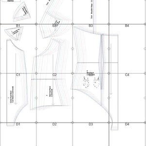 May include: A detailed sewing pattern printed on white paper. The pattern includes various garment pieces, labeled with text and measurements. The image features a test square, seam allowance instructions, and diagrams for shoulder straps and panels.