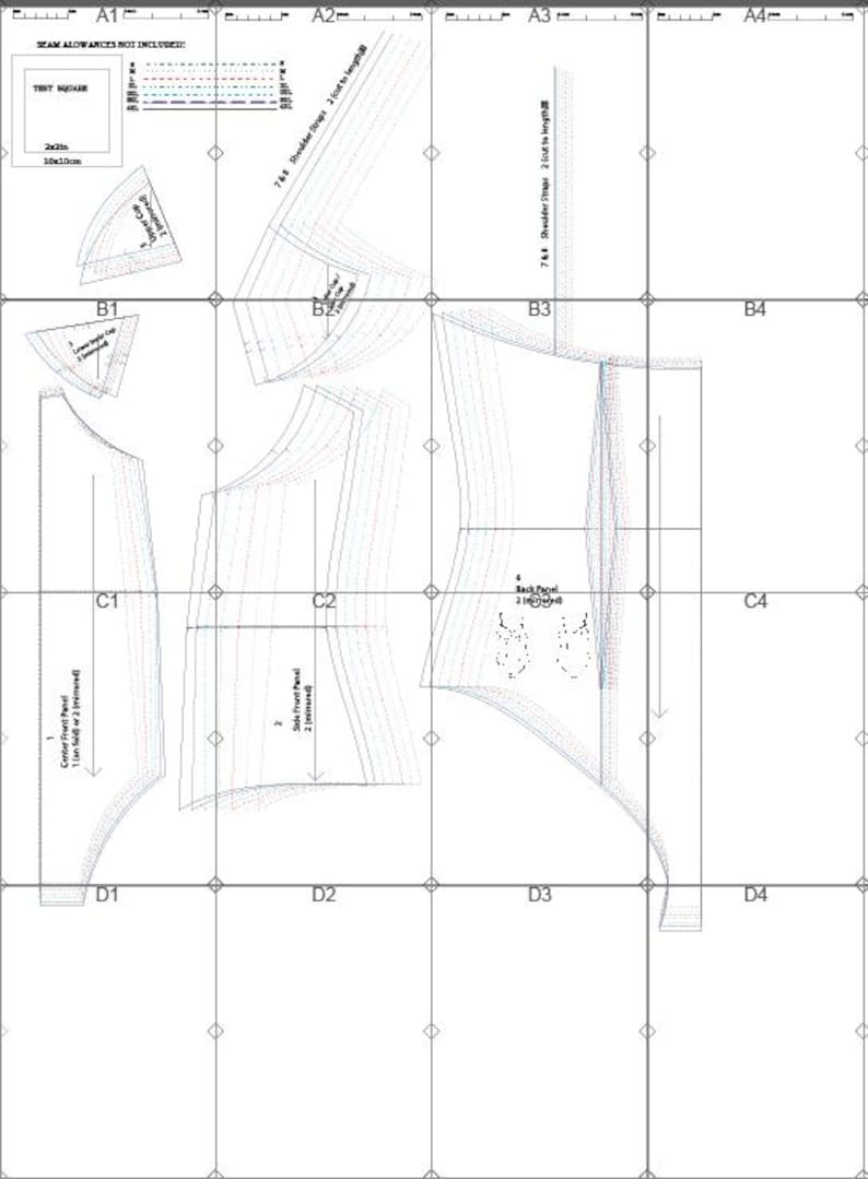 May include: A detailed sewing pattern printed on white paper. The pattern includes various garment pieces, labeled with text and measurements. The image features a test square, seam allowance instructions, and diagrams for shoulder straps and panels.