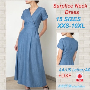 May include: A light blue surplice neck dress with short sleeves and a V-neck. The dress has a wrap-style bodice and a flowing skirt. The image includes the text "Surplice Neck Dress" and "15 SIZES XXS-10XL".