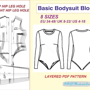 Könnte beinhalten: Eine Schwarzweiß-Zeichnung eines Body-Schnittmusters mit Anweisungen für verschiedene Größen von Hüft- und Beinlöchern. Der Text "Basic Bodysuit Block" und "8 SIZES" ist im Bild enthalten. Der Text "EU 34-48/UK 8-22/ US 4-18" ist ebenfalls im Bild enthalten. Der Text "LAYERED PDF PATTERN" ist im Bild enthalten. Der Text "SB@Modeatelier" ist im Bild enthalten.