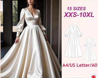 Bridal Gown Sewing Pattern: Surplice Neckline, Bishop Sleeves (XXS-10XL)(PDF Pattern)
