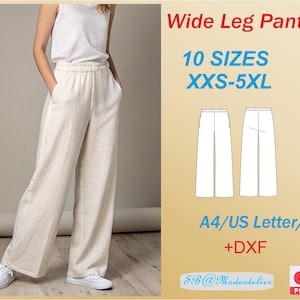 May include: A digital sewing pattern for wide leg pants in 10 sizes, from XXS to 5XL. The pattern includes instructions for cutting and sewing the pants, as well as a PDF file for printing. The pattern is available in A4, US Letter, and A0 sizes.