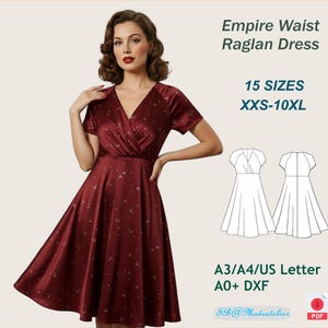 Puede incluir: Vestido raglán con cintura imperio burdeos con cuello en V y mangas cortas. El vestido tiene una falda acampanada y un sutil estampado floral. La imagen incluye el texto "Empire Waist Raglan Dress", "15 SIZES XXS-10XL" y "A3/A4/US Letter A0+ DXF".