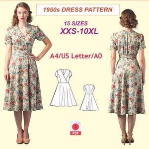 Op de afbeelding: Een digitaal naaipatroon voor een jurk in 1950s stijl. Het patroon is verkrijgbaar in 15 maten, van XXS tot 10XL, en wordt afgedrukt op A4, US Letter of A0 papier. Het patroon is beschikbaar als PDF-download.