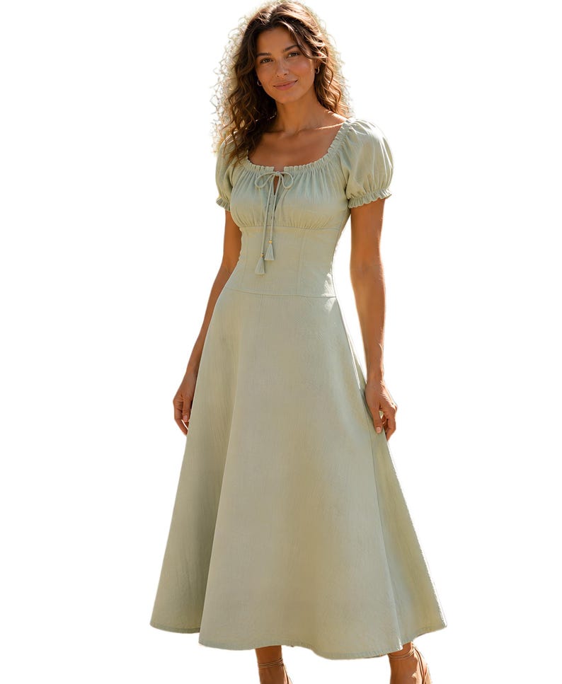 May include: A sage green midi dress featuring a square neckline with a central drawstring tie, short puff sleeves with elasticated cuffs, a fitted bodice, and a flowing A-line skirt that extends to the mid-calf, crafted in a solid light green fabric.
