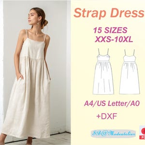 Könnte beinhalten: Ein digitales Schnittmuster für ein Trägerkleid in 15 Größen, von XXS bis 10XL. Das Schnittmuster enthält Anweisungen zum Zuschneiden und Nähen des Kleides sowie ein Diagramm des Kleides. Das Schnittmuster ist in den Größen A4, US Letter und AO sowie im DXF-Format erhältlich. Das Schnittmuster ist im PDF-Format erhältlich.