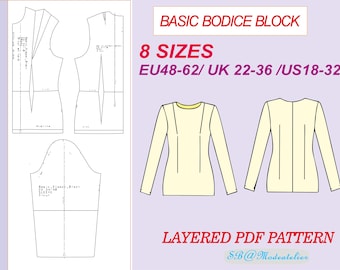 Basic Bodice Block Plus Sizes/EU 48-62/ UK  22-36 /US 18-32/Basic Bodice Block Pattern for Woven Fabrics/Basic Sloper with Sleeves