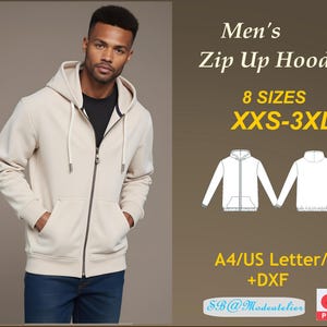 Könnte beinhalten: Ein beiger Kapuzenpullover mit einem schwarzen Reißverschluss und einer Kapuze. Der Pullover ist in den Größen XXS-3XL erhältlich. Das Bild enthält auch einen Textüberlagerung, der "Herren-Kapuzenpullover mit Reißverschluss" und "8 GRÖSSEN XXS-3XL" lautet.