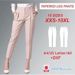 May include: A digital download pattern for tapered leg pants in 15 sizes, from XXS to 10XL. The pattern includes instructions for sewing the pants and is available in A4, US Letter, and A0 formats, as well as DXF format. The pattern is illustrated with a line drawing of a woman wearing the pants.