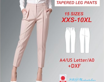テーパードレッグプリーツパンツの縫製パターン：ハイウエスト（XXS-10XL）（PDFパターン）