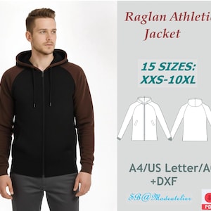 Modello di cucito per felpa con cappuccio e cerniera da uomo, maniche raglan e spacchi laterali / Vestibilità slim / PDF digitale / XXS-10XL