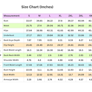 May include: A size chart in inches, with measurements for bust, waist, hips, and other garment dimensions. Sizes range from S to 4XL. The chart includes measurements like back scye depth, hip height, and back waist length.