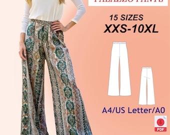 Stretch Palazzo Pants Sewing Pattern: Wide Leg, Elastic Waist (XXS-10XL) (PDF Pattern)