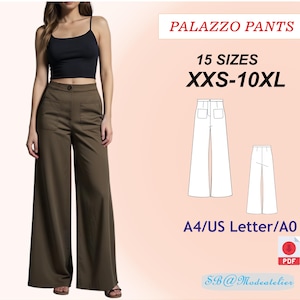 Puede incluir: Un patrón de costura digital para pantalones palazzo en 15 tallas, desde la XXS hasta la 10XL. El patrón está disponible en tamaños A4, US Letter y A0 y está en formato PDF. La imagen muestra a una mujer usando un pantalón palazzo marrón.