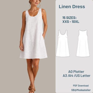 Patron de couture pour robe trapèze sans manches, couture débutante, mini robe trapèze à col en V avec poches (téléchargement PDF)