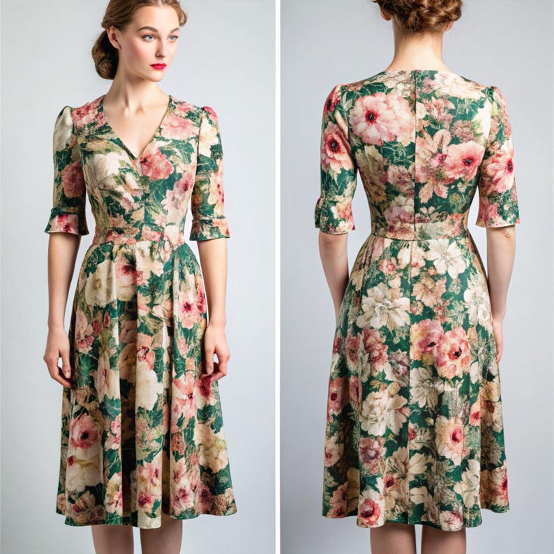 K&ouml;nnte beinhalten: Ein gr&uuml;nes Blumen-Midi-Kleid mit V-Ausschnitt und kurzen &Auml;rmeln. Das Kleid hat ein tailliertes Oberteil und einen weiten Rock.