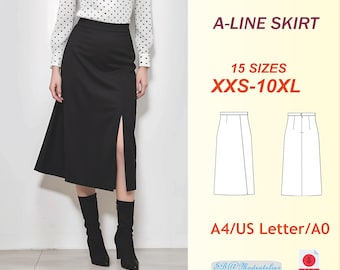 May include: A black A-line skirt with a front slit. The skirt is shown on a model wearing a white polka dot blouse. The image includes the text "A-LINE SKIRT", "15 SIZES", "XXS-10XL", "A4/US Letter/A0", "SB@Modeatelier", and "PDF".