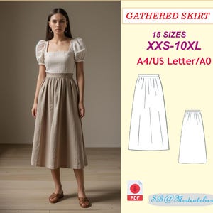 Puede incluir: Un patrón de costura digital para una falda fruncida en 15 tallas, desde la XXS hasta la 10XL. El patrón está disponible en tamaños A4, US Letter y A0. La imagen muestra a una mujer usando una falda similar al patrón, y un dibujo de línea del patrón de la falda.