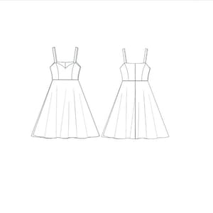 Puede incluir: Un dibujo a l&iacute;nea de un vestido sin mangas con un escote de coraz&oacute;n y un corpi&ntilde;o ajustado. El vestido tiene una falda completa que llega hasta la rodilla. El dibujo muestra las vistas frontal y posterior del vestido.