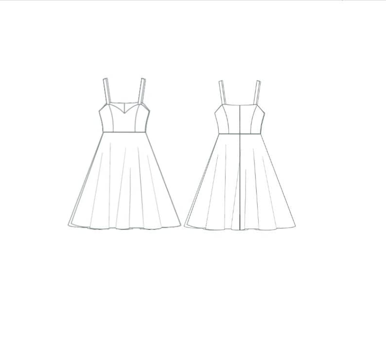 Puede incluir: Un dibujo a l&iacute;nea de un vestido sin mangas con un escote de coraz&oacute;n y un corpi&ntilde;o ajustado. El vestido tiene una falda completa que llega hasta la rodilla. El dibujo muestra las vistas frontal y posterior del vestido.