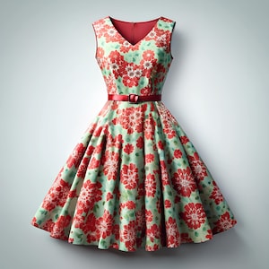 K&ouml;nnte beinhalten: Ein rotes und gr&uuml;nes Blumenkleid mit einem roten G&uuml;rtel. Das Kleid hat ein tailliertes Oberteil und einen weiten Rock.