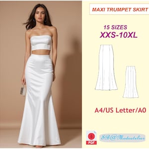 Peut inclure: Patron de couture pour une jupe maxi trompette blanche en 15 tailles, du XXS au 10XL. Le patron est disponible en formats A4, US Letter et A0. Le patron est pour une jupe maxi avec une taille ajustée et un ourlet évasé.
