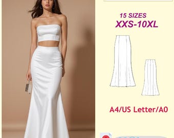 Patrón de costura para falda maxi trompeta con paneles: falda de novia de talla grande (PDF)