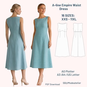 Pode incluir: Um vestido de corte em A com cintura império em azul claro, mostrado de frente e de costas. A imagem inclui um desenho técnico do vestido, o texto 16 SIZES: XXS - 11XL, A0 Plotter, A3 /A4 /US Letter, PDF Download e SB@Modeatelier.