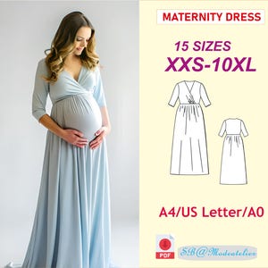 Puede incluir: Un patrón de costura digital para un vestido de maternidad en 15 tallas, desde la XXS hasta la 10XL. El patrón incluye instrucciones para coser el vestido y está disponible en tamaños A4, US Letter y A0. El patrón es para un vestido largo y fluido con escote en V y mangas 3/4. El vestido está diseñado para ser cómodo y favorecedor para las mujeres embarazadas.