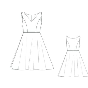 K&ouml;nnte beinhalten: Ein &auml;rmelloses Kleid mit V-Ausschnitt und vollem Rock. Das Kleid ist als Strichzeichnung dargestellt.