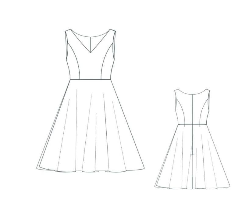 K&ouml;nnte beinhalten: Ein &auml;rmelloses Kleid mit V-Ausschnitt und vollem Rock. Das Kleid ist als Strichzeichnung dargestellt.