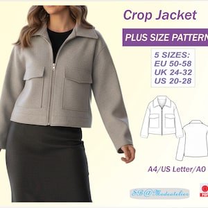 Cropped Jacket Plus Size Sewing Pattern/ Short Zip-Up Jacket /Layered PDF Pattern/ EU 50-58/ Uk 24-32/ US 20-28