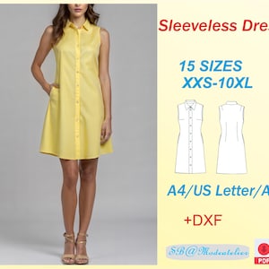 Puede incluir: Un patrón de costura para un vestido sin mangas en 15 tallas, desde la XXS hasta la 10XL. El patrón incluye instrucciones para coser el vestido en tamaños de papel A4, US Letter o A0, así como un archivo DXF. El patrón está disponible en formato PDF.