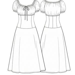 May include: A black and white line drawing of a dress shown from the front and back. The dress features short puff sleeves, a gathered neckline with a tie closure, a fitted midsection, and a flared skirt that reaches below the knee.