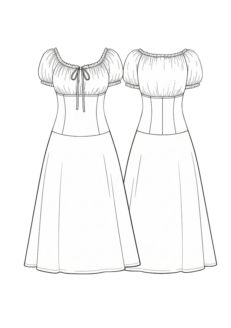 May include: A black and white line drawing of a dress shown from the front and back. The dress features short puff sleeves, a gathered neckline with a tie closure, a fitted midsection, and a flared skirt that reaches below the knee.